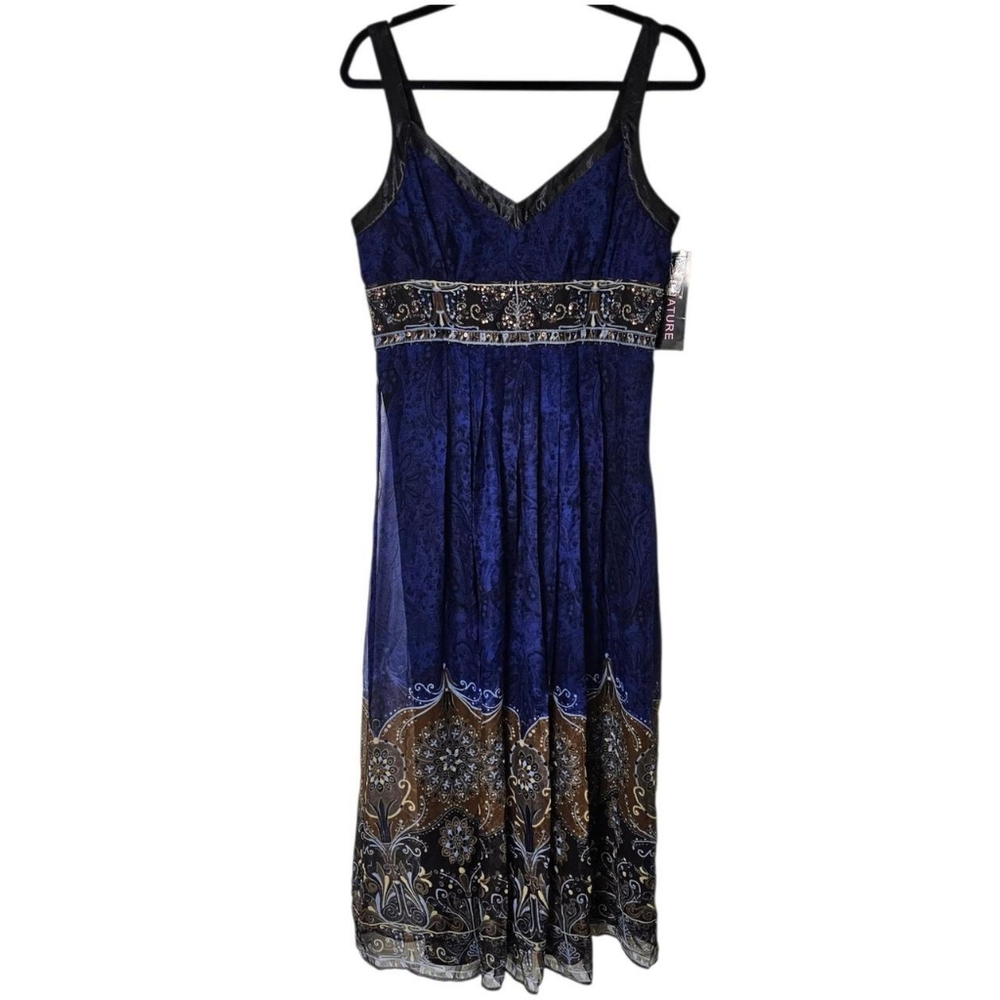 Robbie Bee Women's Blue and Brown Paisley Beaded Silk Column Dress